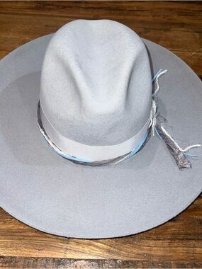 Stetson Light Gray Wide-Brim Felt Hat Size Small with Ribbon Feathers Accent NWT